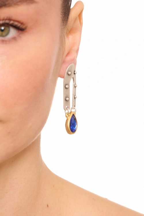 Kiraz Dark Blue Crystal Stoned Silver And Gold Plated Earring