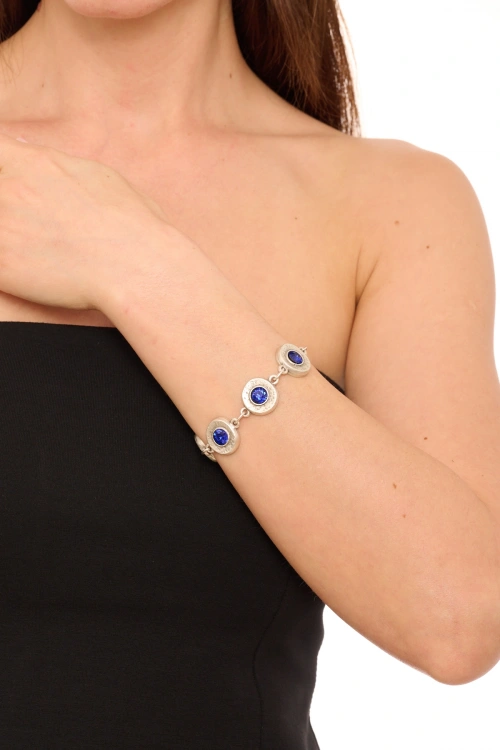 Kiraz Dark Blue Crystal Stoned Silver Plated Bracelet