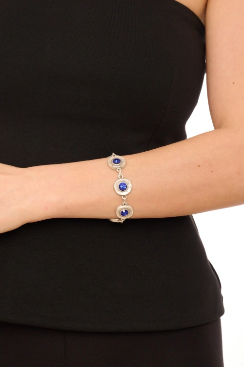Kiraz Dark Blue Crystal Stoned Silver Plated Bracelet