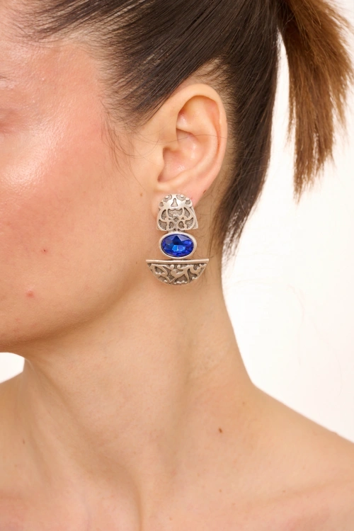 Kiraz Dark Blue Crystal Stoned Silver Plated Earring