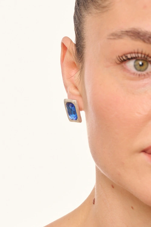 Kiraz Dark Blue Crystal Stoned Silver Plated Earring