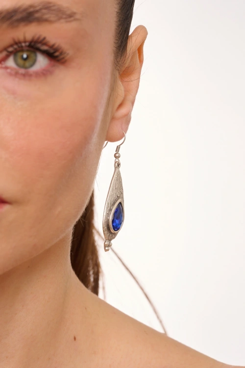 Kiraz Dark Blue Crystal Stoned Silver Plated Earring