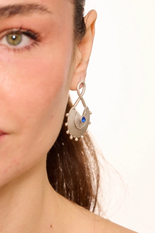 Kiraz Dark Blue Crystal Stoned Silver Plated Earring