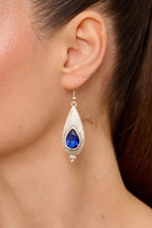 Kiraz Dark Blue Crystal Stoned Silver Plated Earring
