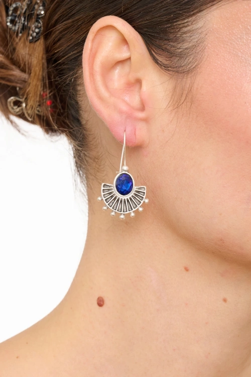 Kiraz Dark Blue Crystal Stoned Silver Plated Earring