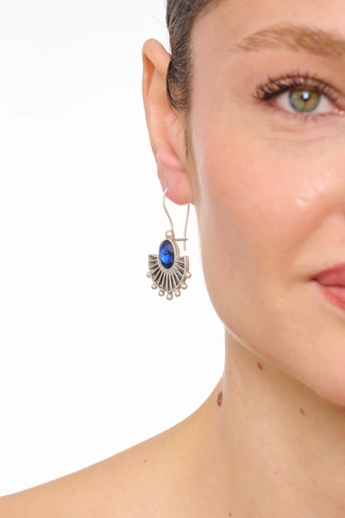 Kiraz Dark Blue Crystal Stoned Silver Plated Earring