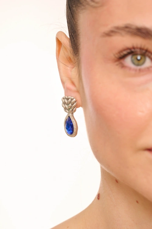 Kiraz Dark Blue Crystal Stoned Silver Plated Earring