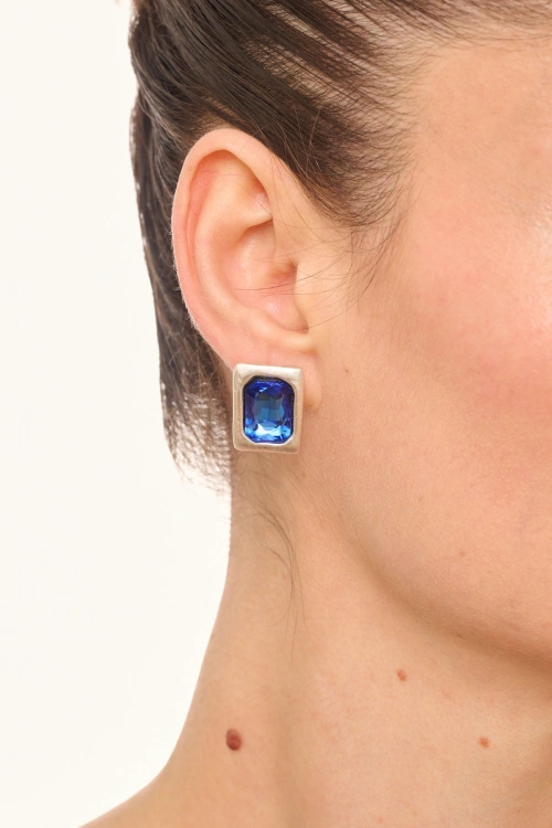 Kiraz Dark Blue Crystal Stoned Silver Plated Earring