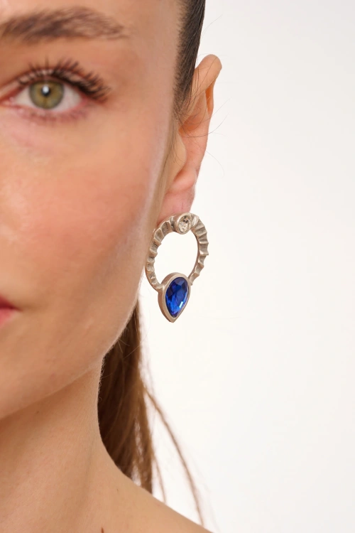 Kiraz Dark Blue Crystal Stoned Silver Plated Earring