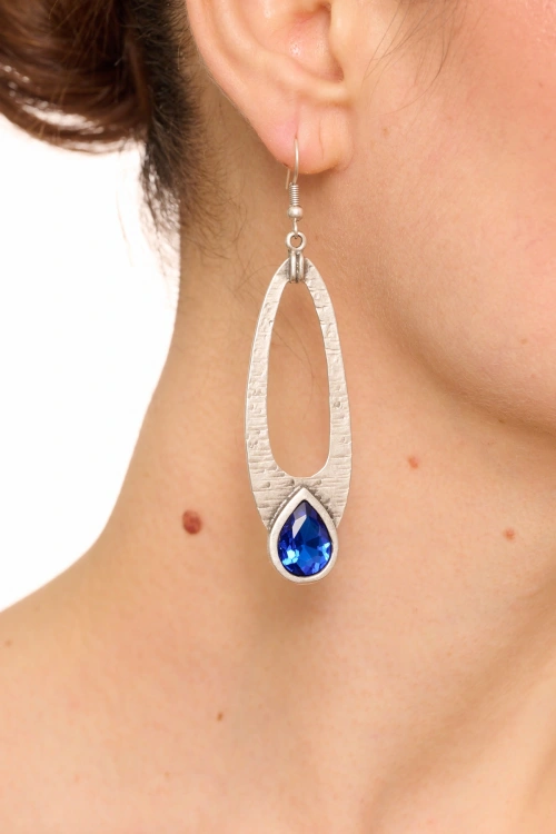 Kiraz Dark Blue Crystal Stoned Silver Plated Earring