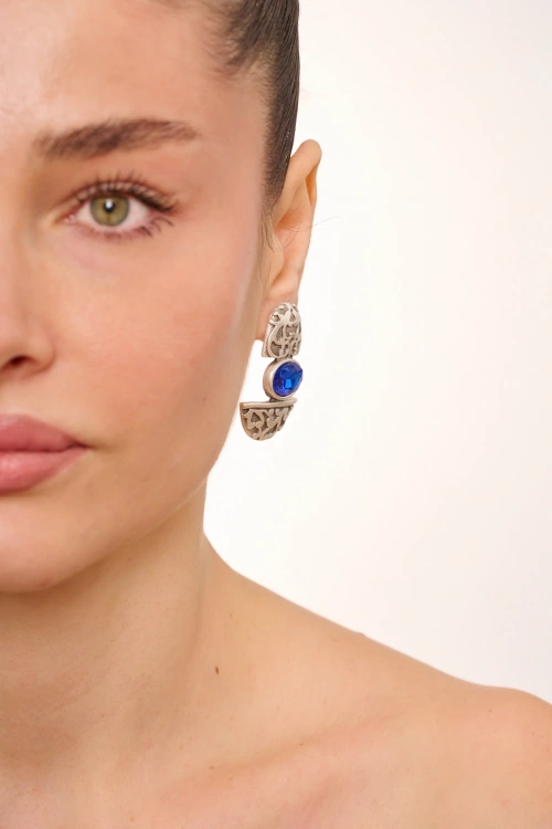 Kiraz Dark Blue Crystal Stoned Silver Plated Earring