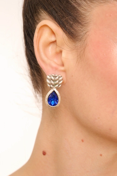 Kiraz Dark Blue Crystal Stoned Silver Plated Earring
