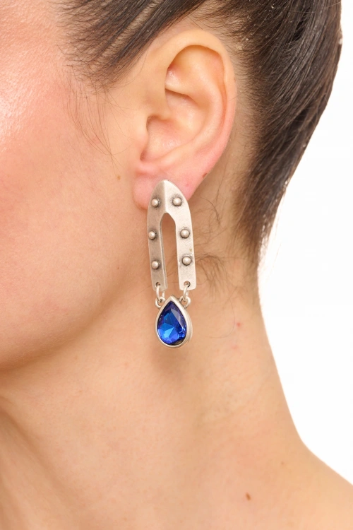 Kiraz Dark Blue Crystal Stoned Silver Plated Earring