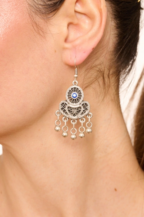 Kiraz Dark Blue Crystal Stoned Silver Plated Earring