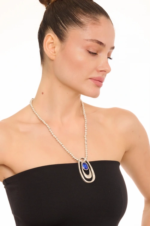 Kiraz Dark Blue Crystal Stoned Silver Plated Necklace