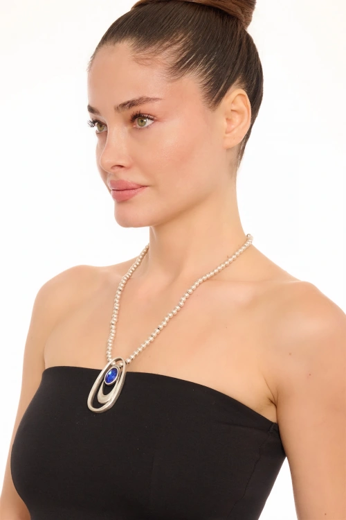 Kiraz Dark Blue Crystal Stoned Silver Plated Necklace