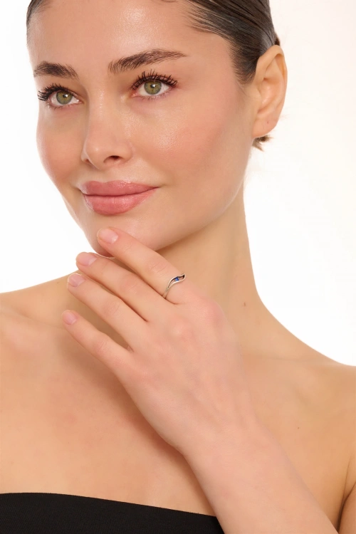 Kiraz Dark Blue Crystal Stoned Silver Plated Ring