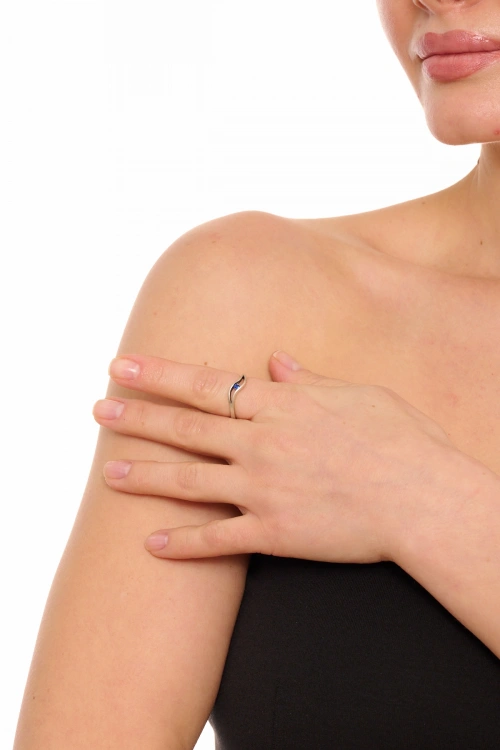 Kiraz Dark Blue Crystal Stoned Silver Plated Ring