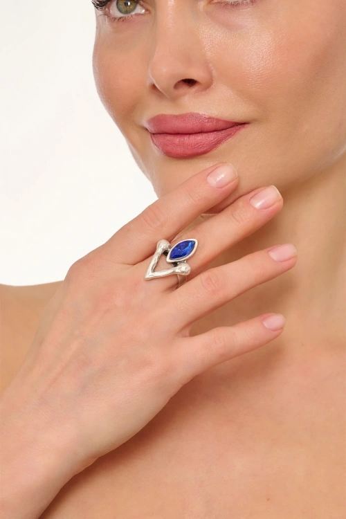 Kiraz Dark Blue Crystal Stoned Silver Plated Ring