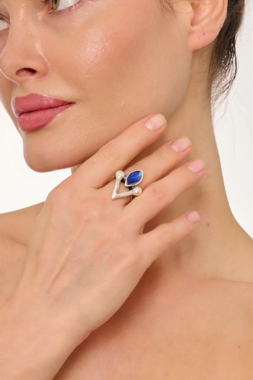 Kiraz Dark Blue Crystal Stoned Silver Plated Ring