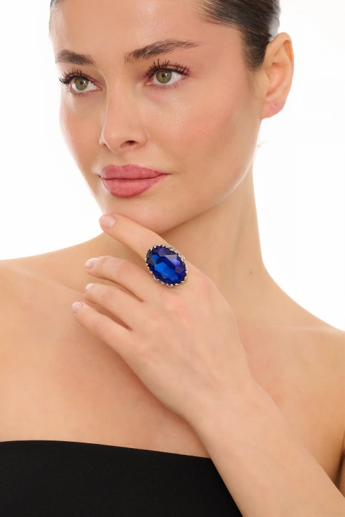 Kiraz Dark Blue Crystal Stoned Silver Plated Ring
