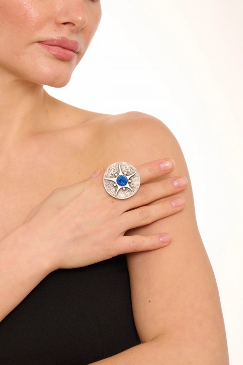 Kiraz Dark Blue Crystal Stoned Silver Plated Ring