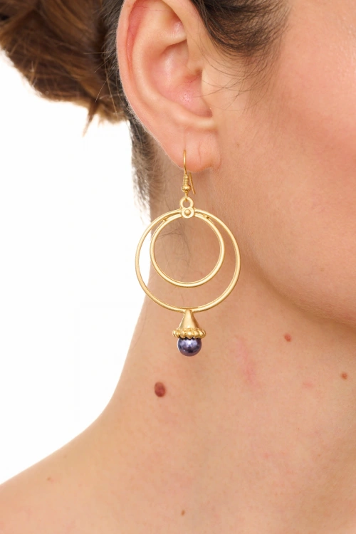 Kiraz Dark Purple Pearl Stoned Gold Plated Earring
