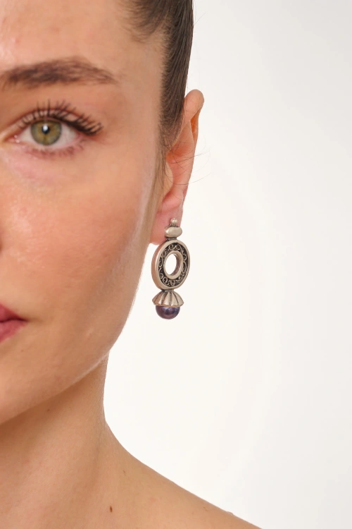 Kiraz Dark Purple Pearl Stoned Silver Plated Earring