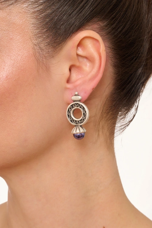 Kiraz Dark Purple Pearl Stoned Silver Plated Earring