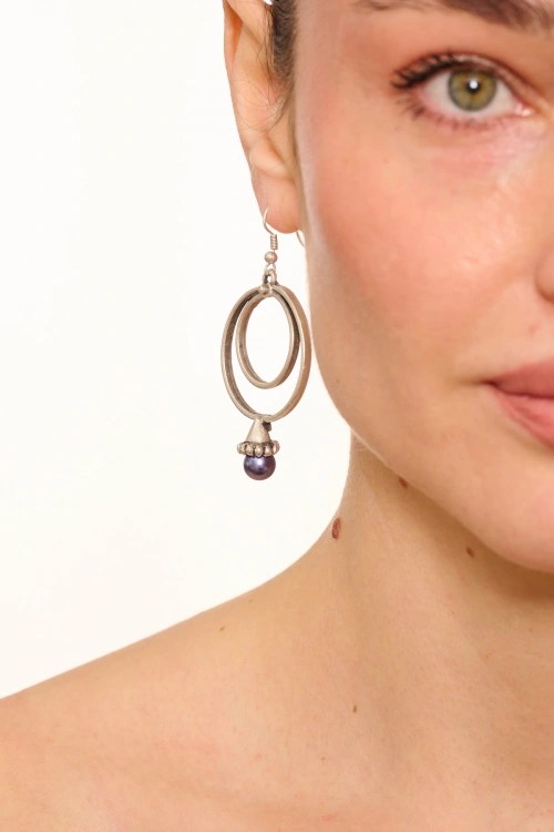 Kiraz Dark Purple Pearl Stoned Silver Plated Earring