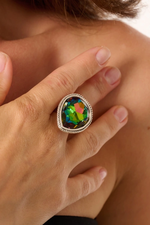 Kiraz Multicolored Crystal Stoned Silver Plated Ring