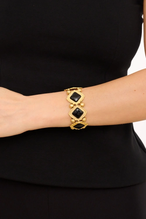 Kiraz Elastic Black Stoned Gold Plated Bracelet