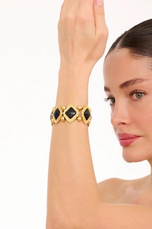 Kiraz Elastic Black Stoned Gold Plated Bracelet