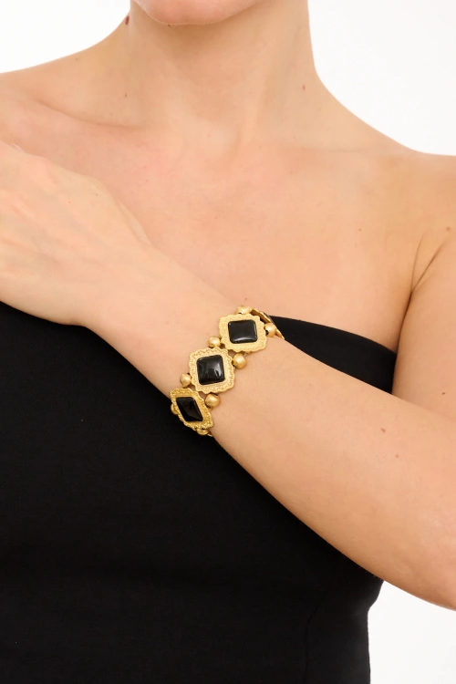 Kiraz Elastic Black Stoned Gold Plated Bracelet