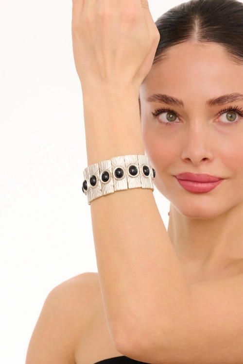 Kiraz Elastic Black Stoned Silver Plated Bracelet