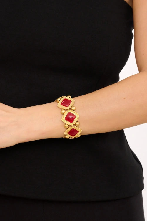 Kiraz Elastic Burgundy Stoned Gold Plated Bracelet