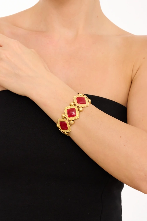 Kiraz Elastic Burgundy Stoned Gold Plated Bracelet