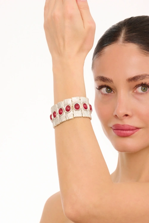 Kiraz Elastic Burgundy Stoned Silver Plated Bracelet