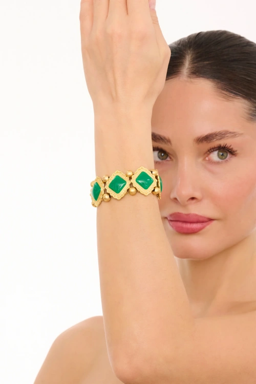 Kiraz Elastic Green Stoned Gold Plated Bracelet