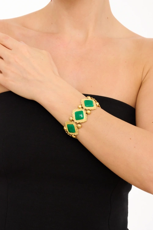 Kiraz Elastic Green Stoned Gold Plated Bracelet