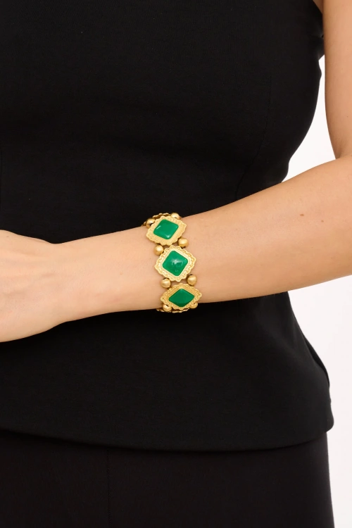 Kiraz Elastic Green Stoned Gold Plated Bracelet