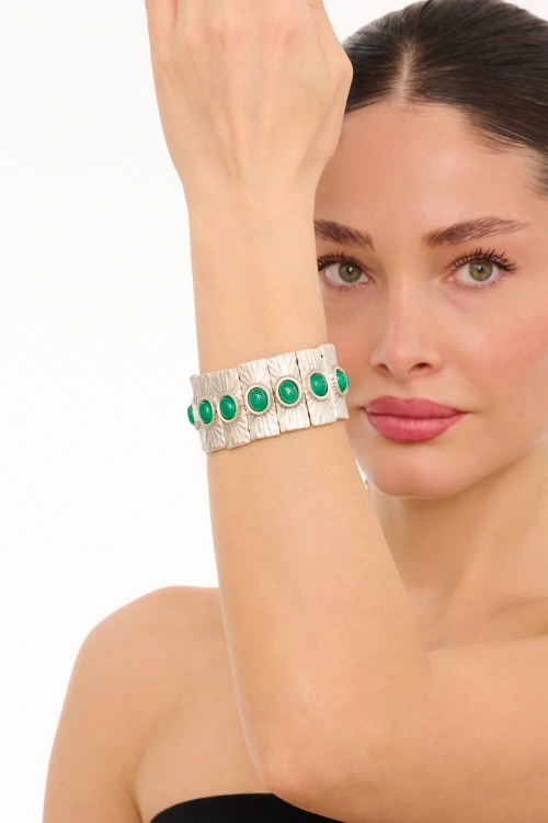 Kiraz Elastic Green Stoned Silver Plated Bracelet