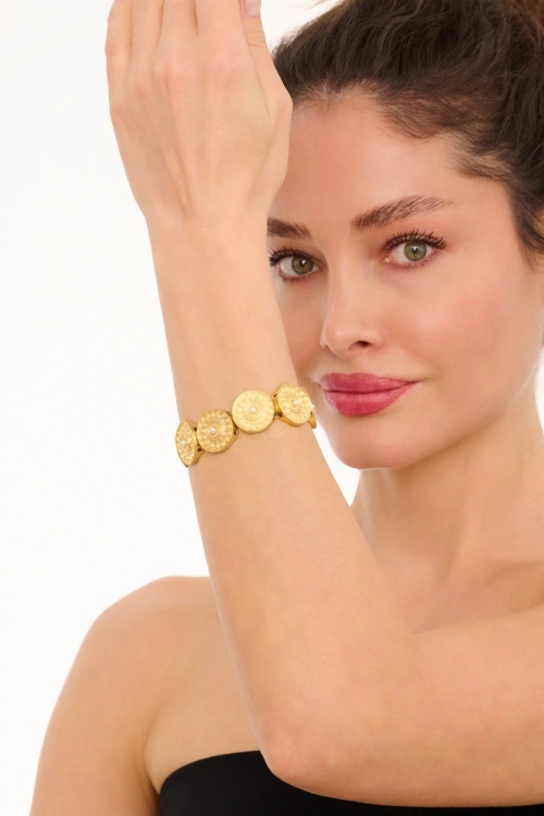 Kiraz Elastic Pearl Stoned Gold Plated Bracelet