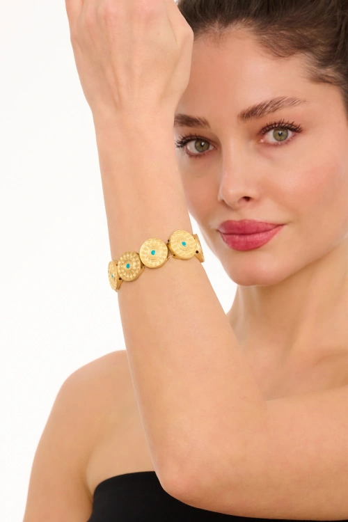 Kiraz Elastic Turquoise Enameled Silver Plated Bracelet