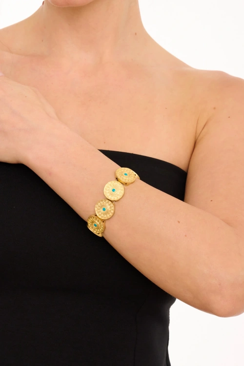 Kiraz Elastic Turquoise Enameled Silver Plated Bracelet