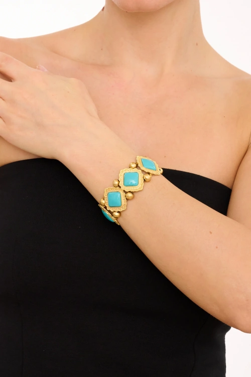 Kiraz Elastic Turquoise Stoned Gold Plated Bracelet