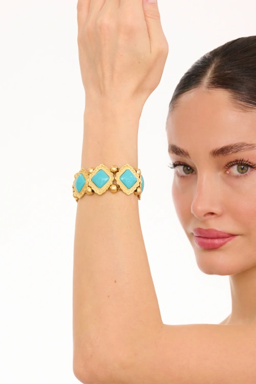 Kiraz Elastic Turquoise Stoned Gold Plated Bracelet