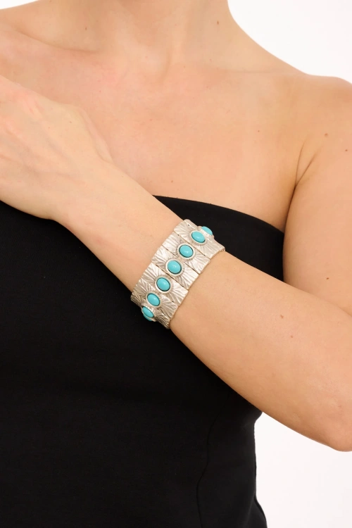 Kiraz Elastic Turquoise Stoned Silver Plated Bracelet