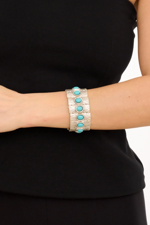 Kiraz Elastic Turquoise Stoned Silver Plated Bracelet