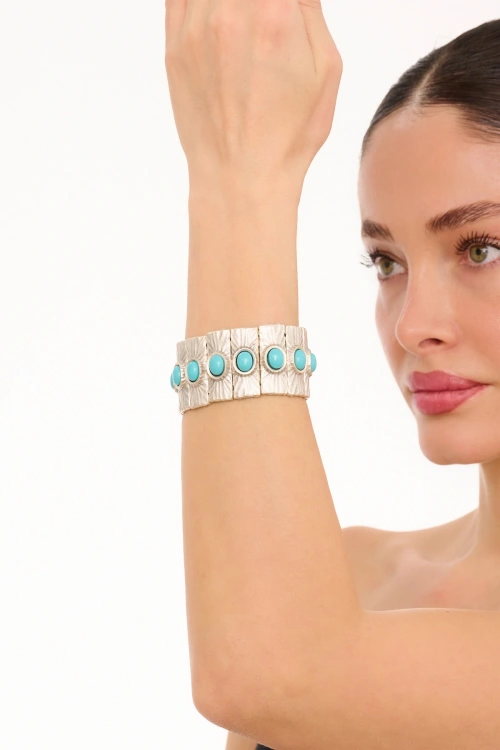 Kiraz Elastic Turquoise Stoned Silver Plated Bracelet